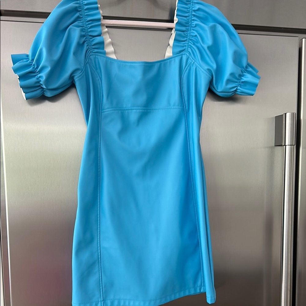 Elegant Blue Puff Sleeve Leather like Dress